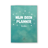 Teal kinderplanner met witte sterillustraties voor kids bij Mijn Deen Planner Kids